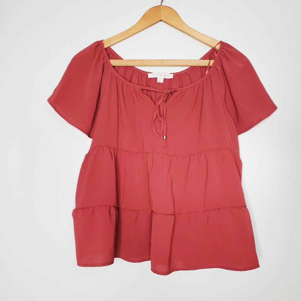 Olive + Oak Ruffle Tiered Red Flutter Sleeve Peasant Blouse L